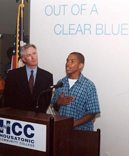 Senator Bill Finch listens as Central High School student James Stephenson speaks 