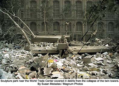 Photo of a sculpture park amidst debris from the twin towers by Susan Meiselas of Magnum Photos