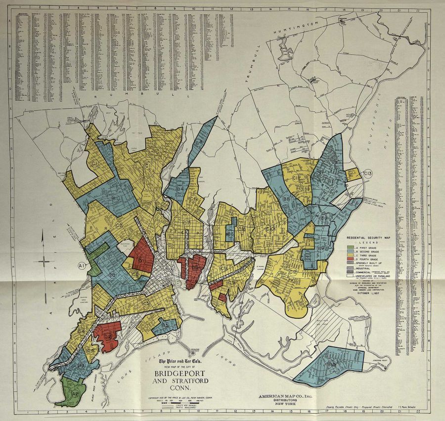 A 1937 map of Bridgeport and Stratford divides the cities into areas deemed by experts to be risky for investment. Areas in red have been “redlined” and were cut off in many cases from loans and other financing.