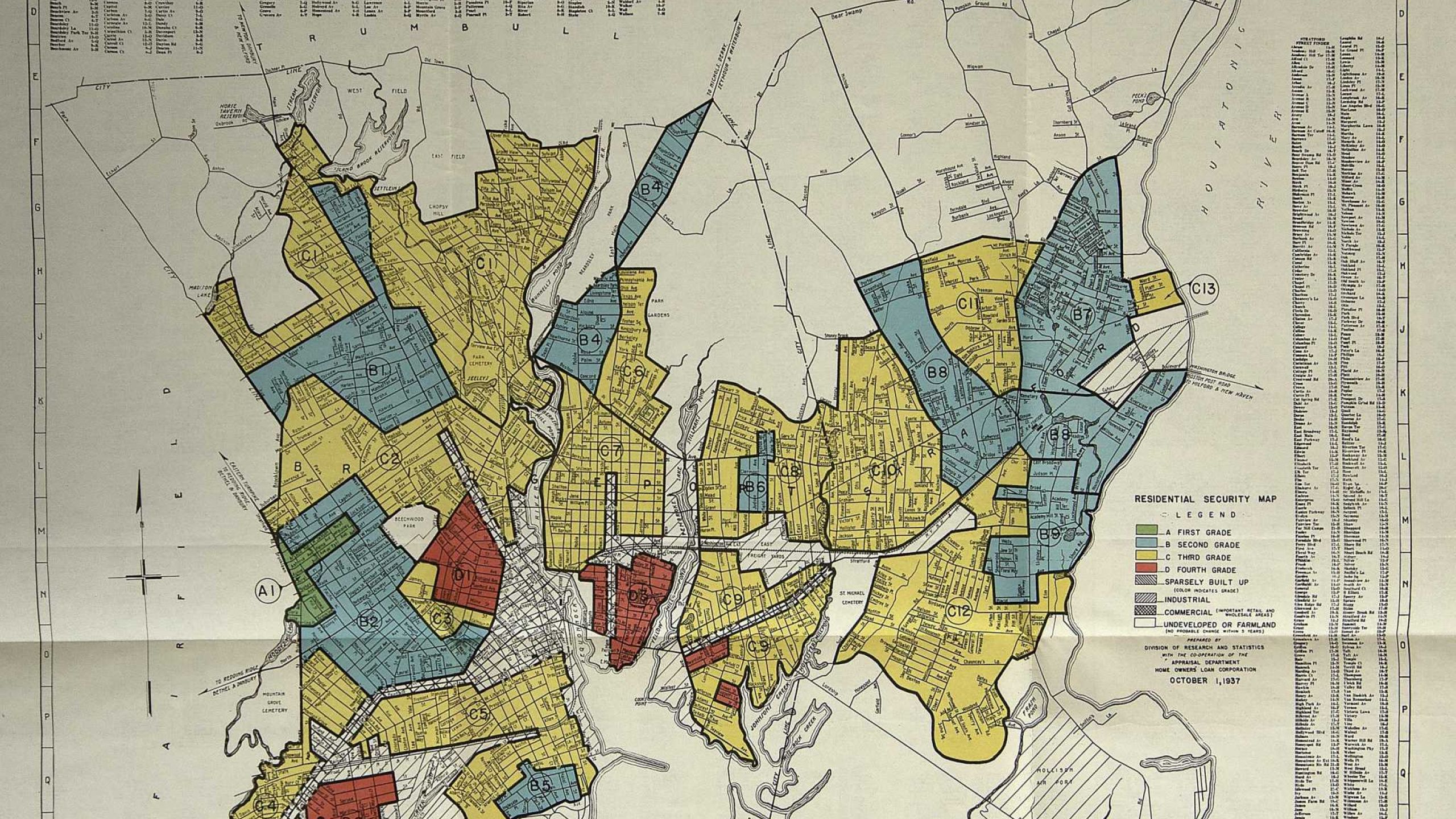 A 1937 map of Bridgeport and Stratford divides the cities into areas deemed by experts to be risky for investment. Areas in red have been “redlined” and were cut off in many cases from loans and other financing.