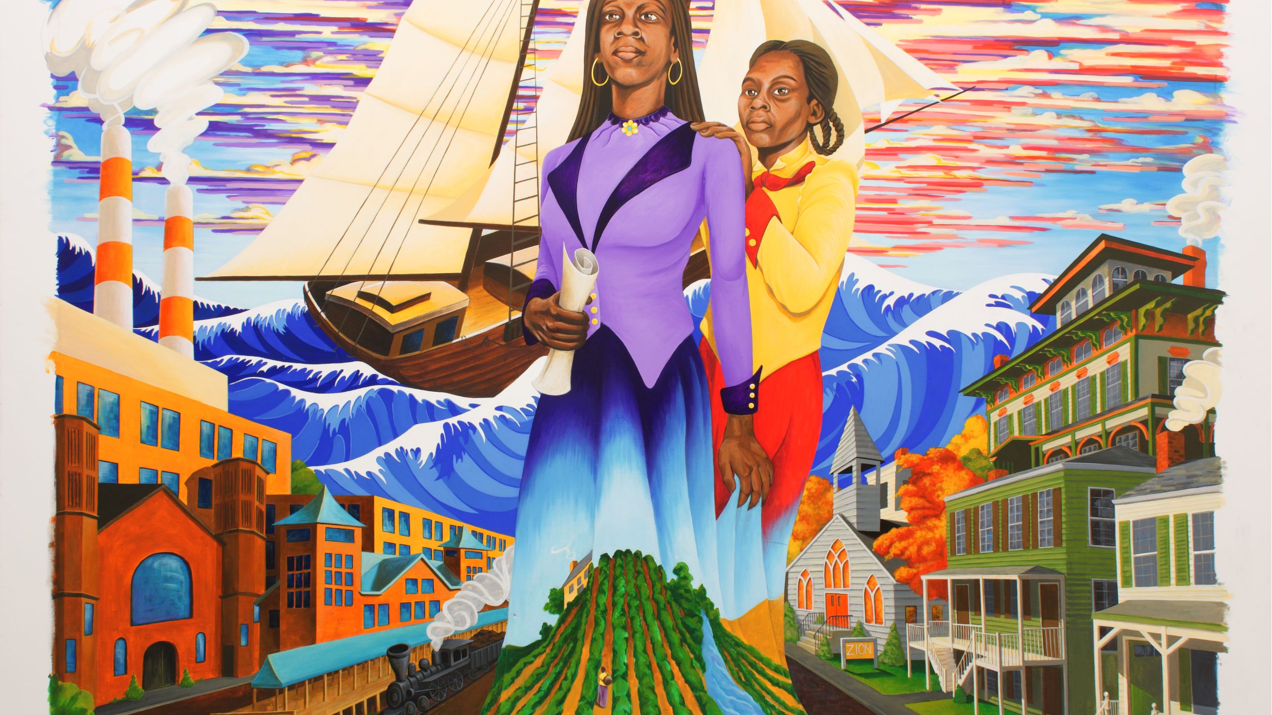 Duvian Montoya, Pillars of Freedom, Oil on canvas mural for the Mary and Eliza Freeman Center