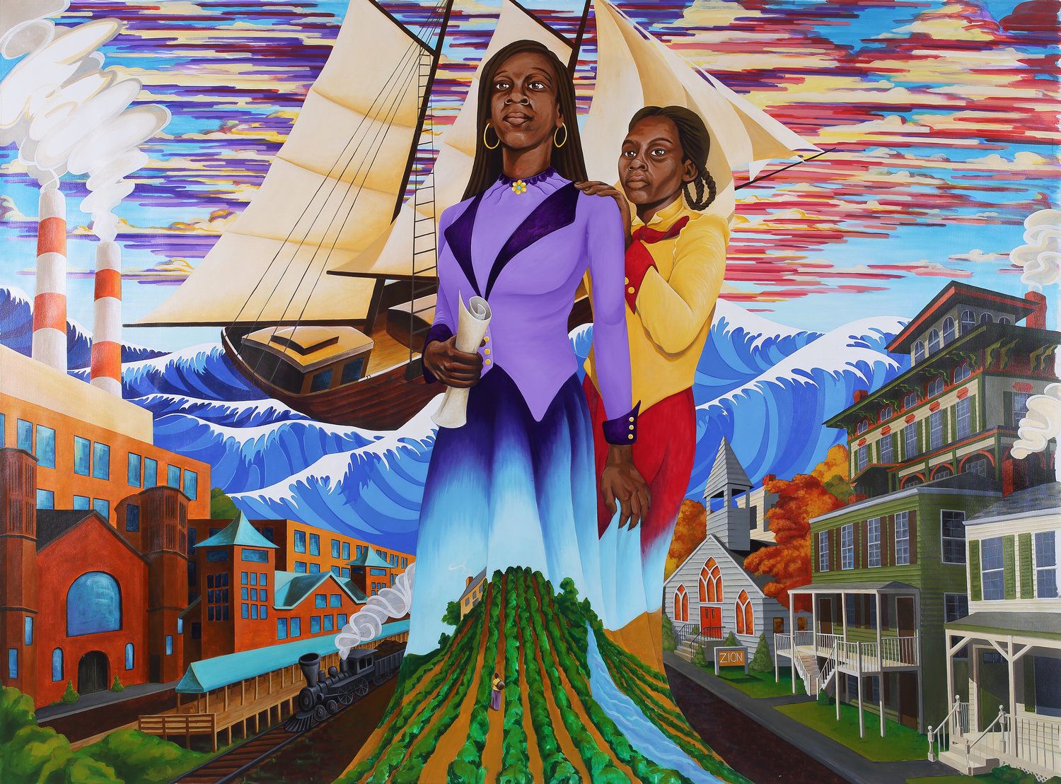 Duvian Montoya, PIllars of Freedom, Oil on canvas mural for the Mary and Eliza Freeman Center in Bridgeport, CT