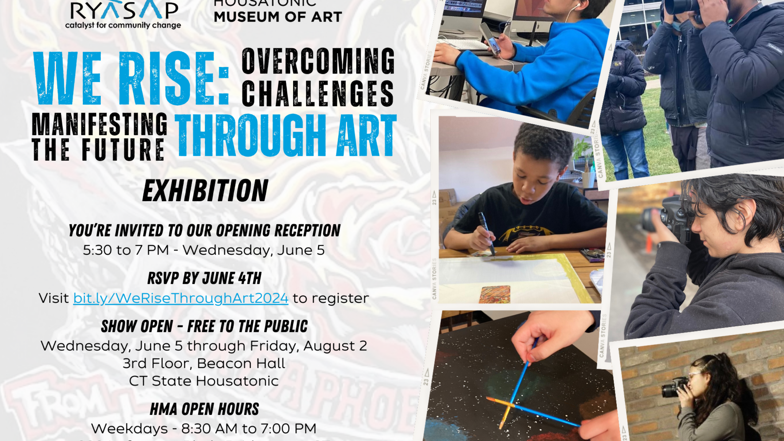 Postcard for Opening Reception for We Rise: Overcoming Challenges, Manifesting the Future through Art