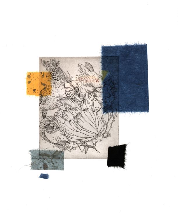Yuke Li. "Tiny Issue." Etching, hard ground, chine collé, 2023.