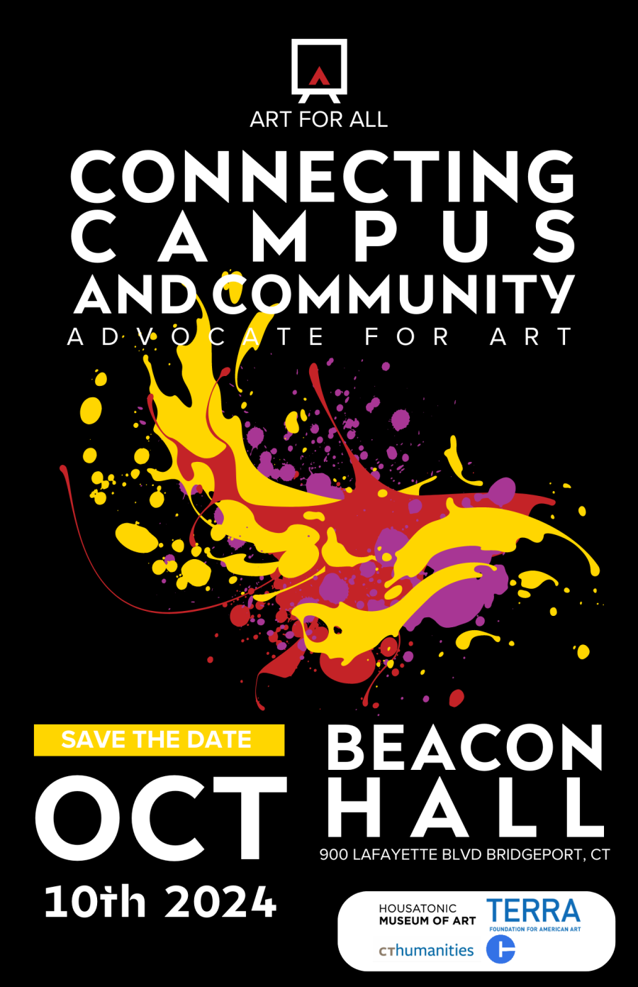 Flyer with yellow, purple and red paint splatter